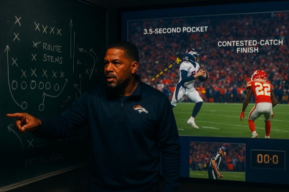 NFL coach points to a chalkboard diagram of football plays.