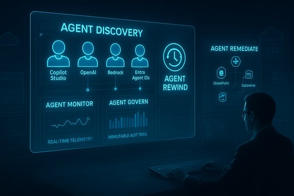 A neon-blue dashboard labeled 'Agent Discovery' shows AI avatars and real-time telemetry.