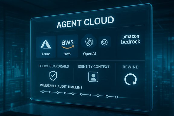 A futuristic digital dashboard labeled 'Agent Cloud' showing Azure, AWS, OpenAI, Bedrock and policy tools.