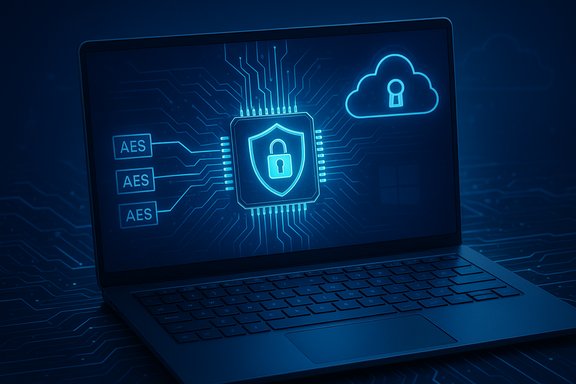 Blue cybersecurity graphics on a laptop: shield, lock, AES labels and cloud security. Blue cybersecurity graphics on a laptop: shield, lock, AES labels and cloud security.