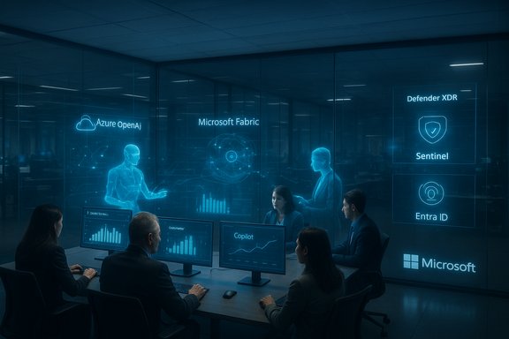 Analysts in a glass-walled room monitor holographic Microsoft security dashboards.
