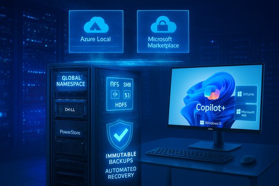 Blue-lit data center with a Dell server, holographic Azure Local and Microsoft Marketplace icons, and Copilot+ display.