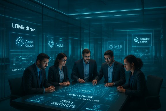 Five professionals in a glass-walled AI lab study a glowing holographic table of LTIMindtree services.