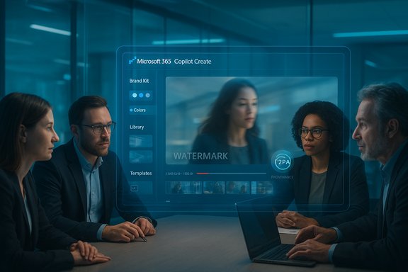 A diverse team reviews a holographic Microsoft 365 Copilot Create interface during a meeting.