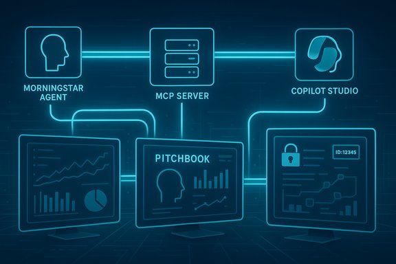 Neon schematic of data flow from Morningstar Agent to MCP Server to Copilot Studio with dashboards.