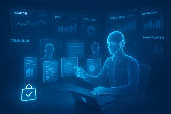 Blue holographic control room with agents monitoring dashboards and a central operator at a laptop.