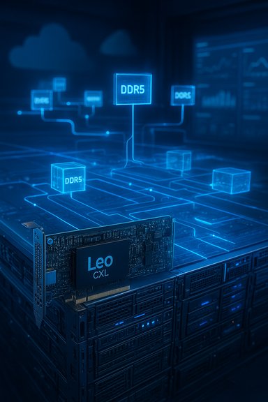 Blue-toned data center with a Leo CXL memory module and glowing DDR5 blocks.