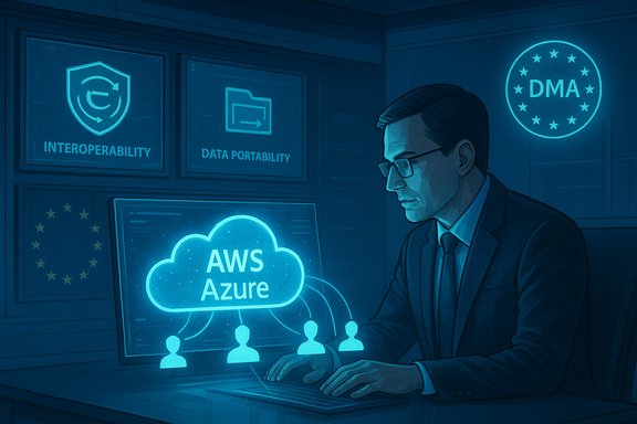 A businessperson uses AWS/Azure cloud to enable data portability and interoperability.