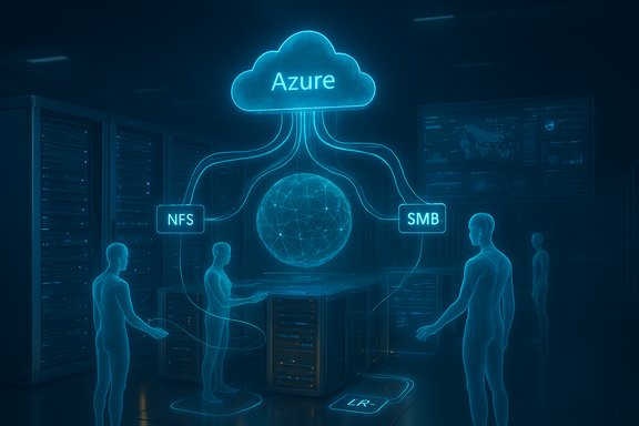 Azure cloud links NFS and SMB in a futuristic data center.