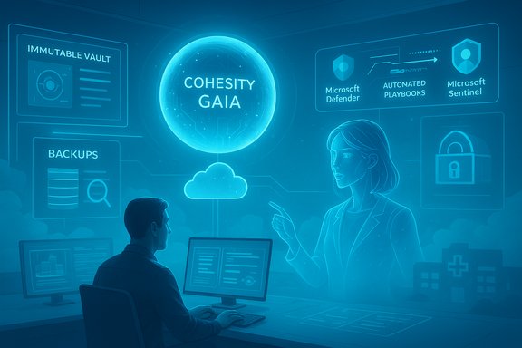 A person at a desk engages with holographic Gaia dashboards and an AI assistant.