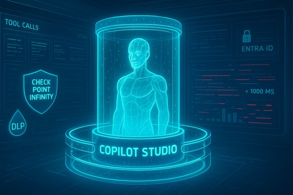 Neon holographic figure in a circular chamber labeled Copilot Studio, surrounded by futuristic UI panels.