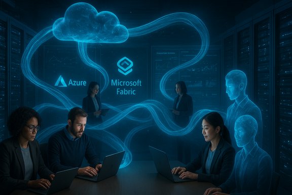 A futuristic data center with Azure and Microsoft Fabric logos, flowing blue data streams, and professionals at laptops.