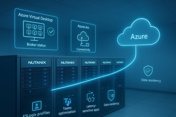 Neon-blue data center scene showing Azure cloud, Azure Virtual Desktop, and Nutanix server racks.