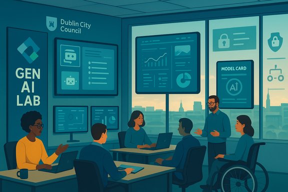 A diverse group in Dublin City Council Gen AI Lab collaborates around dashboards.