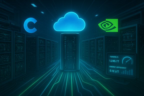 Neon-lit data center with a glowing cloud icon above server racks and neon circuit-floor lines.