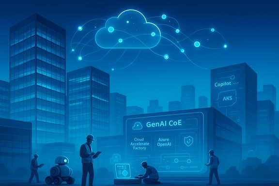 Futuristic cityscape with a glowing cloud network and a GenAI CoE display.