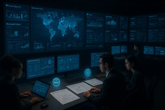A dark, high-tech command center with multiple screens showing a global map and analytics.