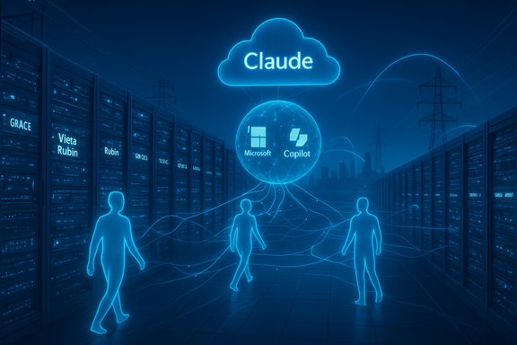 Neon-blue data center where Claude cloud AI connects users to Microsoft Copilot.