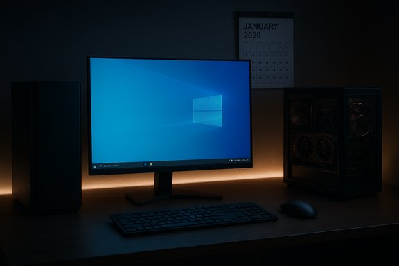 Blue-lit Windows desktop setup with a large monitor, keyboard, mouse, and a glass-panel PC on a dark desk.