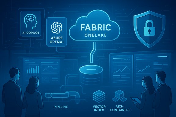 Blue tech illustration of Fabric OneLake cloud linking AI Copilot, Azure OpenAI, pipelines, and security.