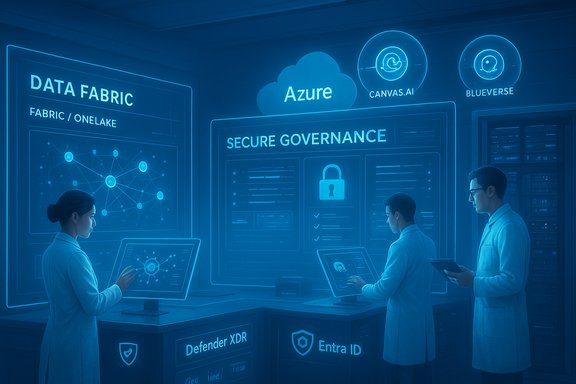 Blue-toned data center where professionals operate interactive screens under Azure and Secure Governance.