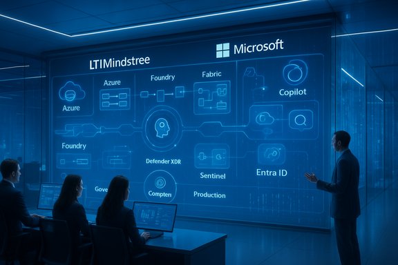Team presents LTIMindtree and Microsoft diagrams on a large blue holographic screen.