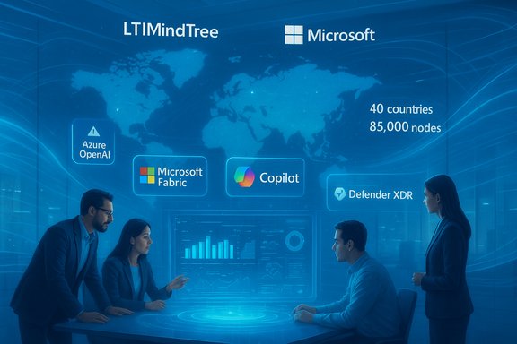 Team of professionals discusses AI/cloud tools (Azure OpenAI, Copilot) on a blue Microsoft backdrop.