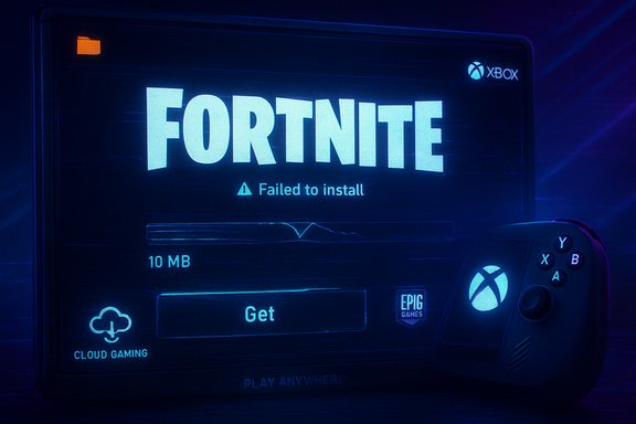 Fortnite on Xbox shows a 'Failed to install' message with a 10 MB progress bar beside the controller.