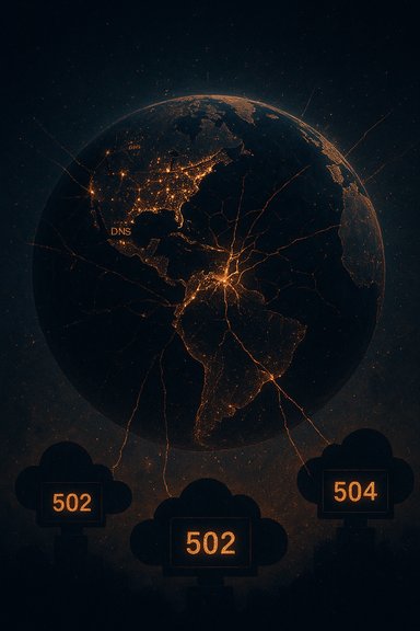 An illuminated orange globe connected by glowing network lines, labeled DNS, with 502 signs beneath.