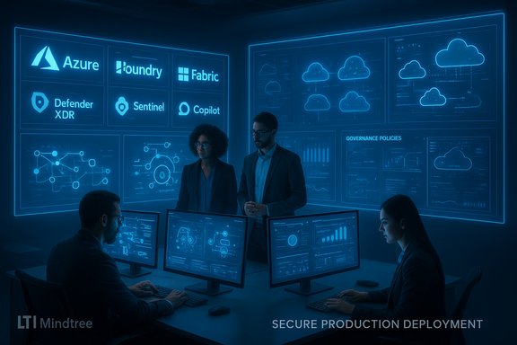 A security team monitors cloud dashboards on a blue holographic wall.