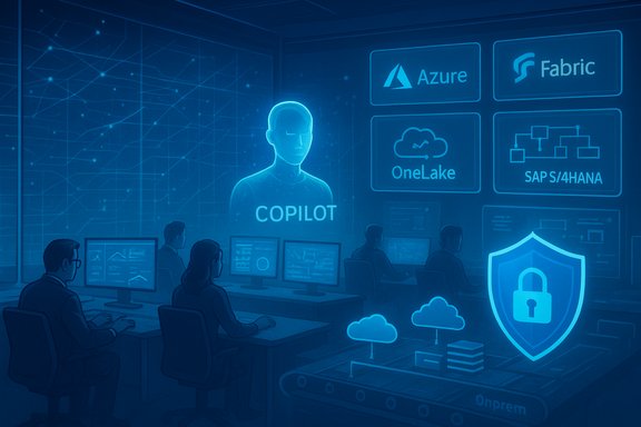 Futuristic control room featuring a COPILOT hologram and Azure, Fabric, OneLake branding.