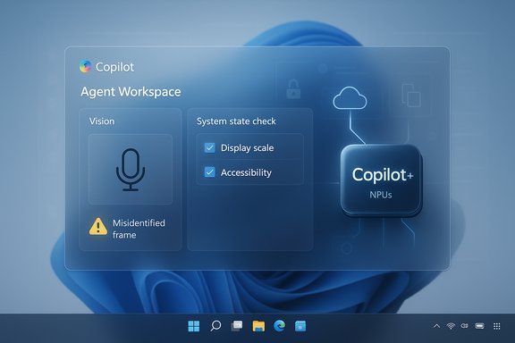 Copilot Agent Workspace UI showing Vision, system checks, and Copilot+ NPUs.