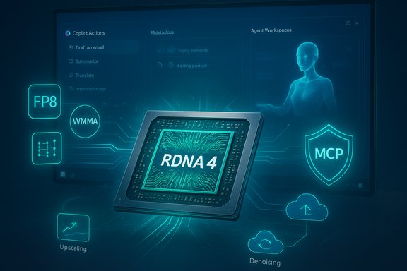 A futuristic RDNA 4 processor hovering amid glowing holographic UI elements.