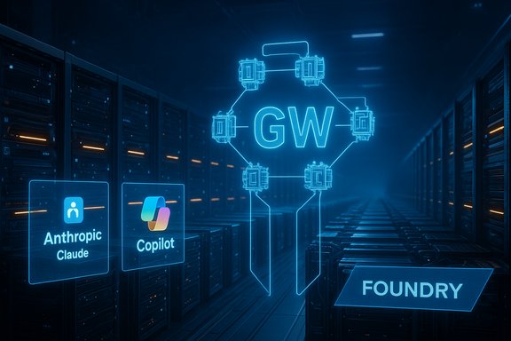 A futuristic data center with a blue neon GW hologram among server racks and a Foundry sign.