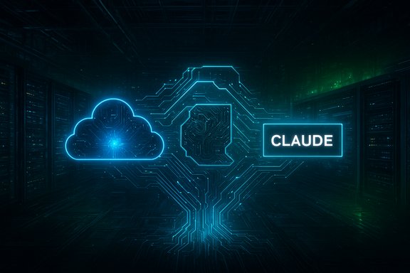 Neon blue cloud and circuit paths glow in a data center, labeled CLAUDE.