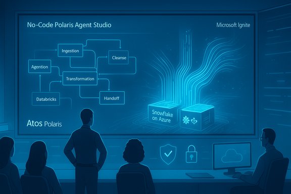 Blue-toned conference screen detailing No-Code Polaris Agent Studio workflow for Snowflake on Azure.