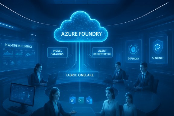 A futuristic control room with a glowing Azure Foundry cloud guiding a round-table team.