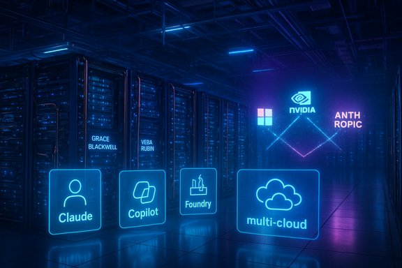 Neon-blue data center with glowing holographic panels and AI tool icons, plus NVIDIA and Anthropic logos.