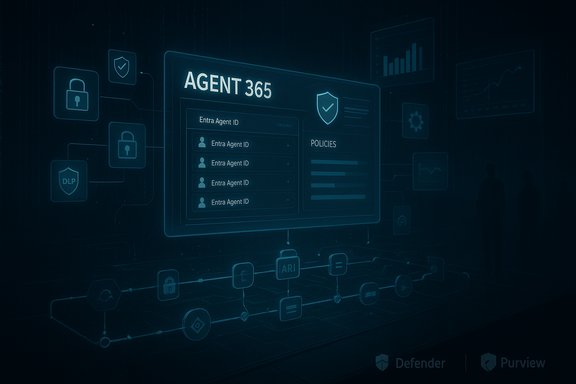 A futuristic cybersecurity dashboard titled AGENT 365 displaying agent IDs and policy metrics.