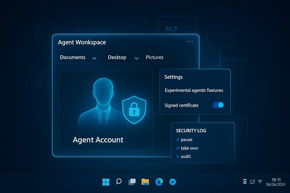 Futuristic agent workspace UI with Agent Account, settings, and security log.