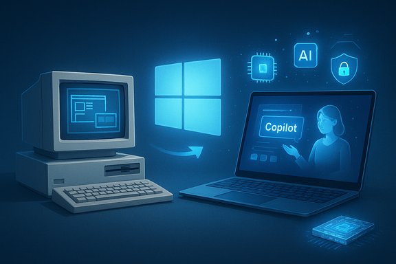 A vintage PC beside a modern laptop showcasing Windows AI and Copilot.