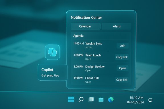 Teal holographic UI showing a Notification Center with agenda items and a Copilot tip card.