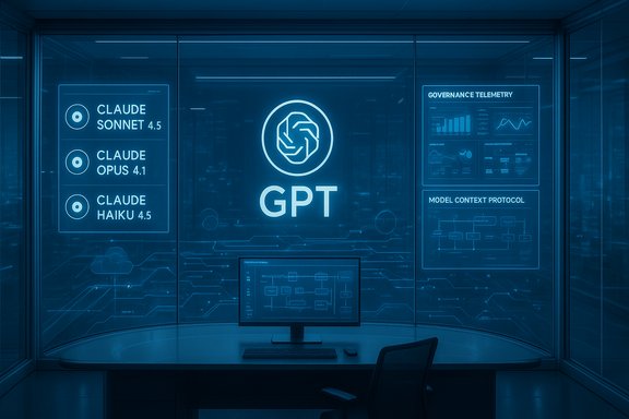 A futuristic control room with a glowing GPT hub and Claude model panels.