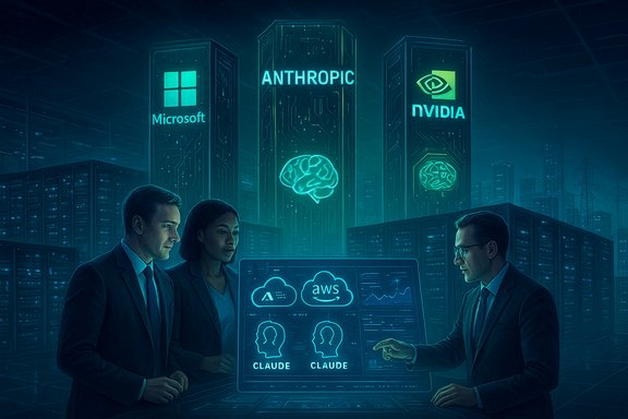 Three professionals examine an AI dashboard in a neon data center branded by Microsoft, Anthropic, and Nvidia.