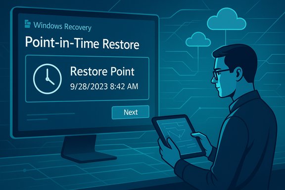 A person reviews a Windows Recovery Point-in-Time Restore screen on a tablet.