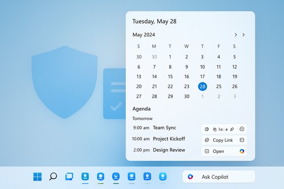Blue desktop with a floating May 2024 calendar and agenda.