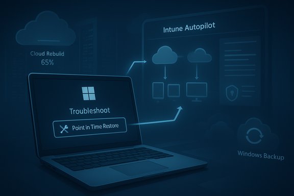 Laptop shows Troubleshoot and Point in Time Restore amid cloud and Intune Autopilot diagrams.