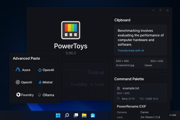 PowerToys interface showing tools like Advanced Paste, Clipboard, and Command Palette.