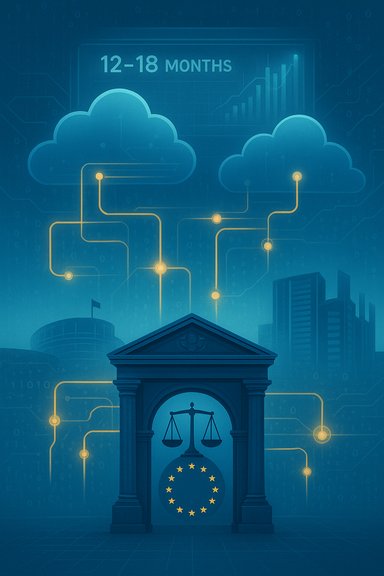 A futuristic courthouse under cloud networks and glowing circuits with EU stars.