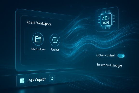 A futuristic blue AI workspace UI labeled 'Agent Workspace' with File Explorer and Settings icons.